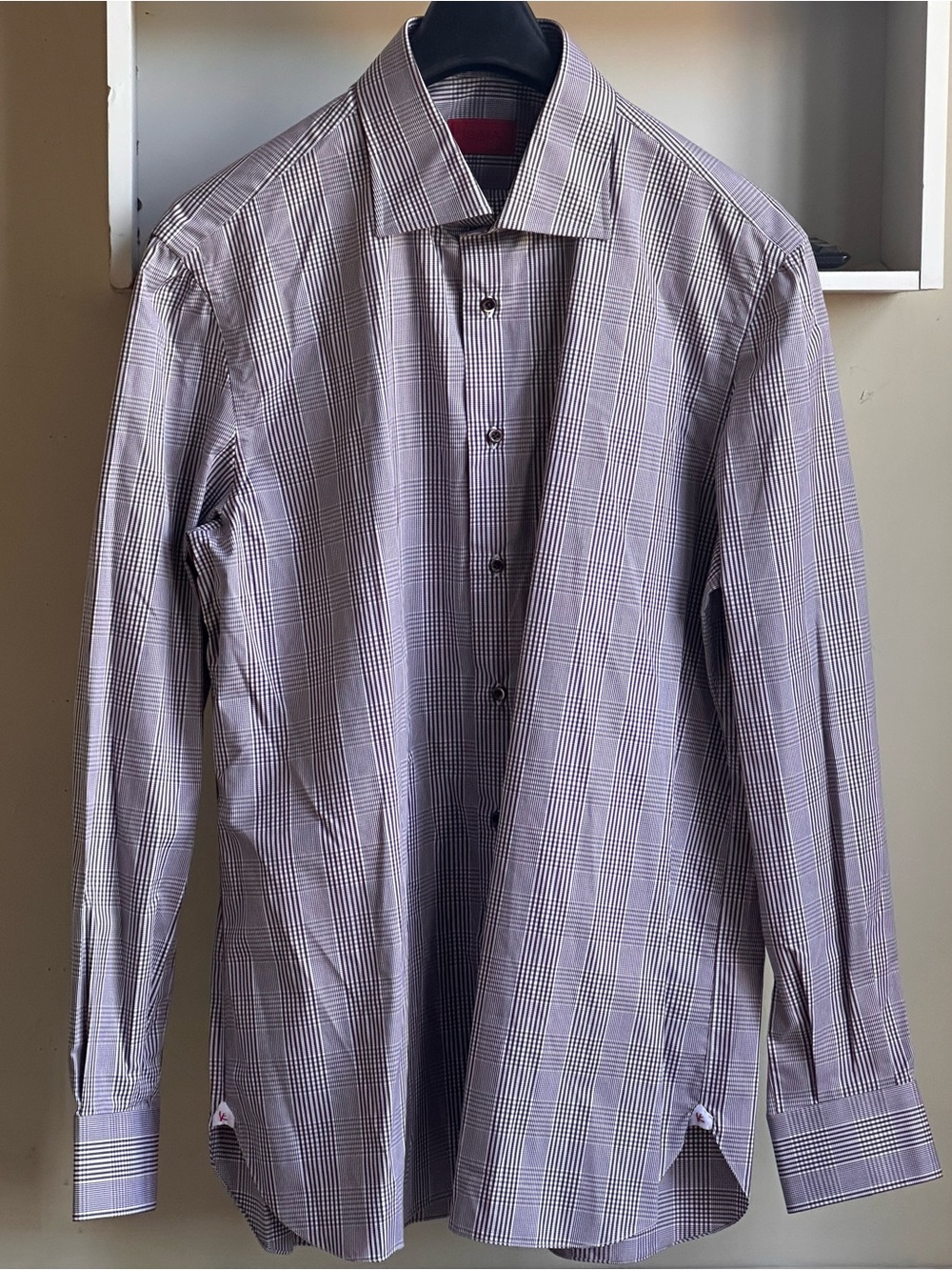 Isaia Multicolor Micro-Check Brown Pattern White Men Dress Shirt Size 17.5/44